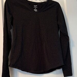 Women's long sleeve v neck Black with gold metallic stripes long sleeve T-shirt